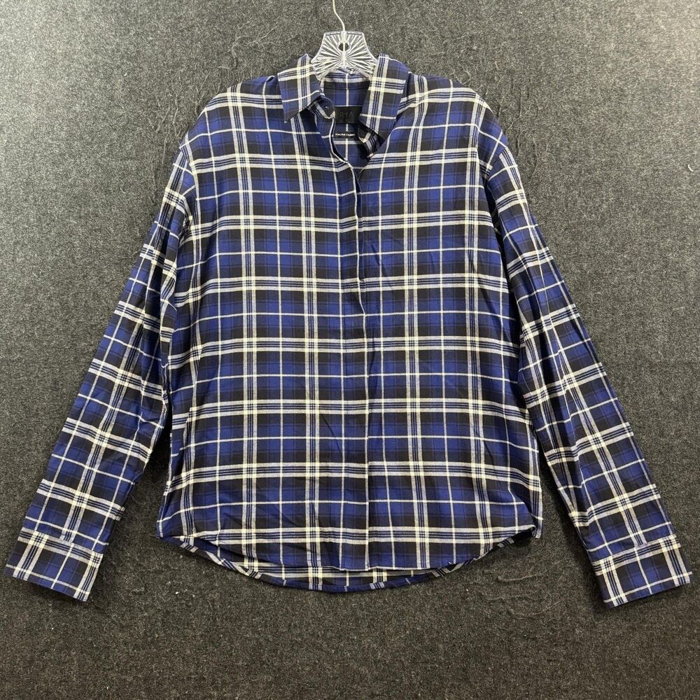 RTA Shirt Women's Small Blue Plaid Italian Fabric Button Up Long Sleeve Cotton